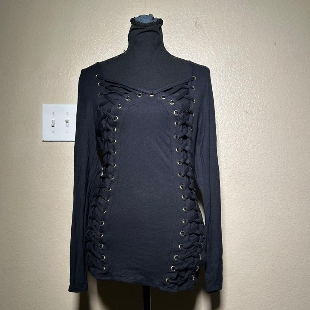 Venus Y2K Black Lace-Up Corset Style Long Sleeve Top Small Goth Grunge
